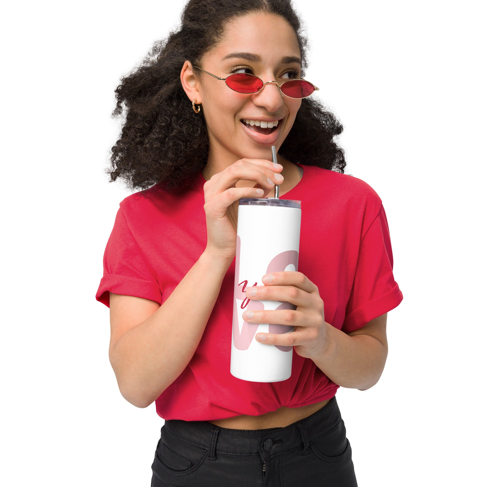 Stainless steel tumbler.