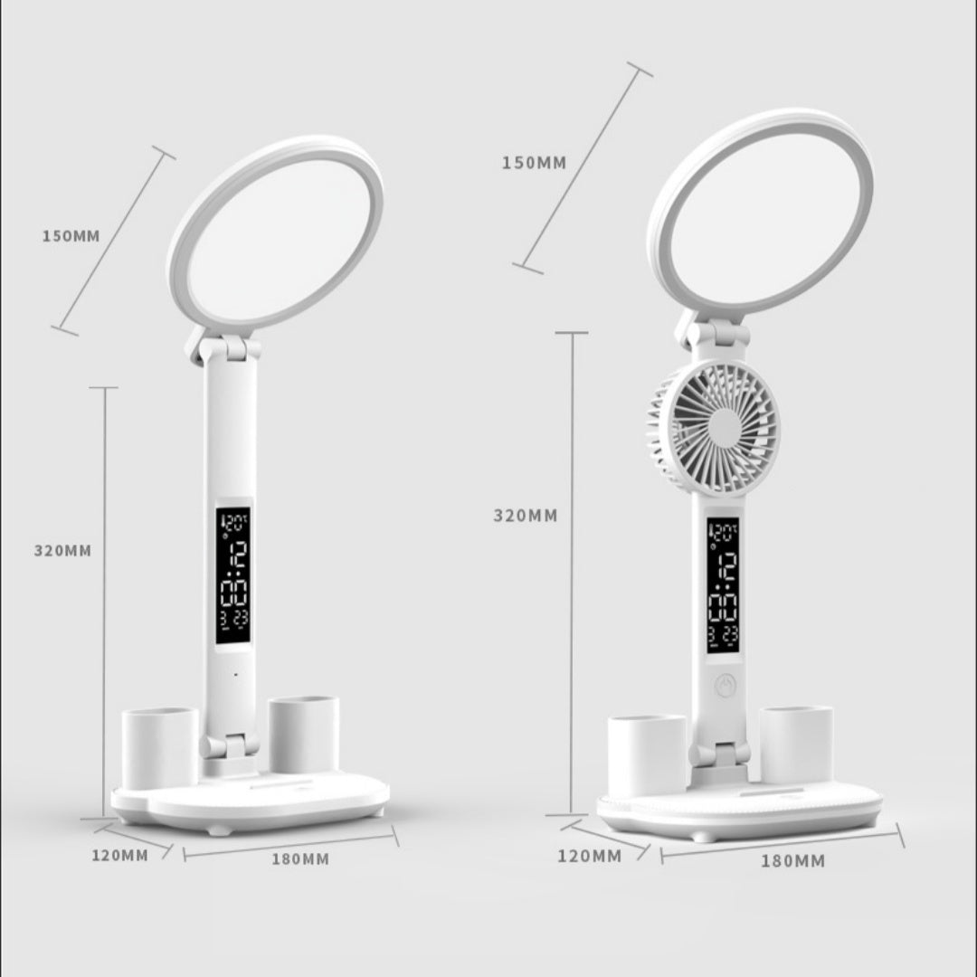 LED Clock Table Lamp USB Chargeable Dimmable Desk Lamp Plug-in LED Fan Light Foldable Eye Protection Reading Night Light.