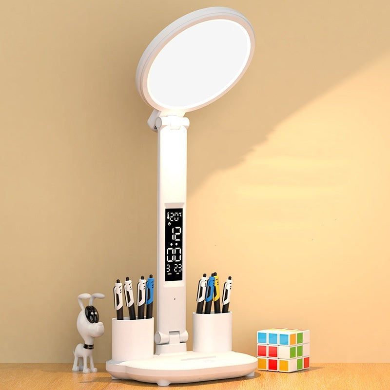 LED Clock Table Lamp USB Chargeable Dimmable Desk Lamp Plug-in LED Fan Light Foldable Eye Protection Reading Night Light.
