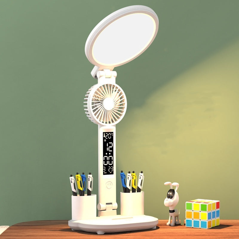 LED Clock Table Lamp USB Chargeable Dimmable Desk Lamp Plug-in LED Fan Light Foldable Eye Protection Reading Night Light.