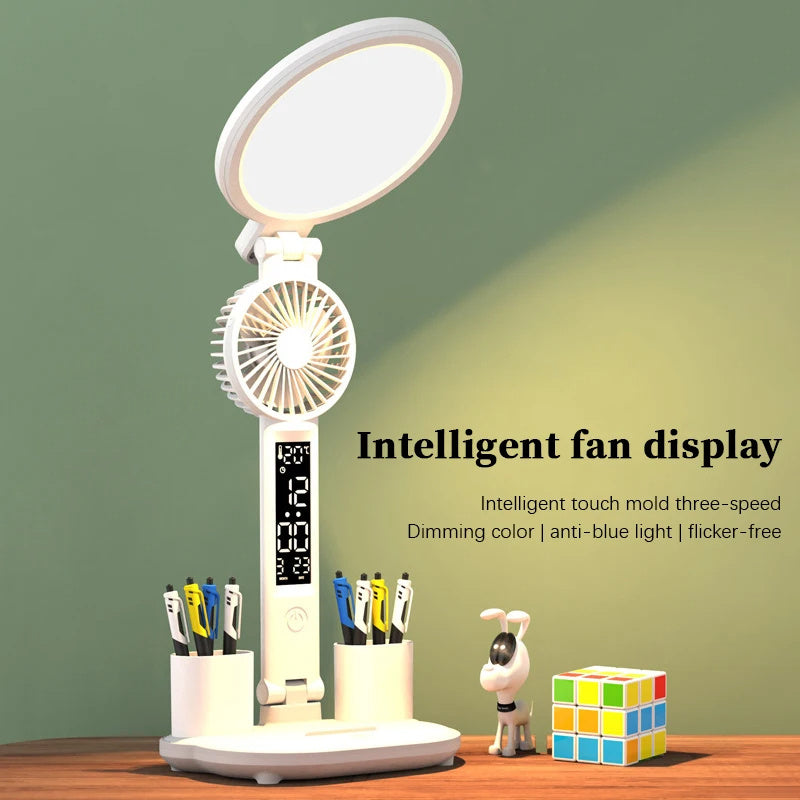 LED Clock Table Lamp USB Chargeable Dimmable Desk Lamp Plug-in LED Fan Light Foldable Eye Protection Reading Night Light.