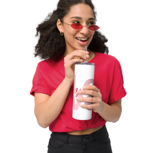 Stainless steel tumbler.