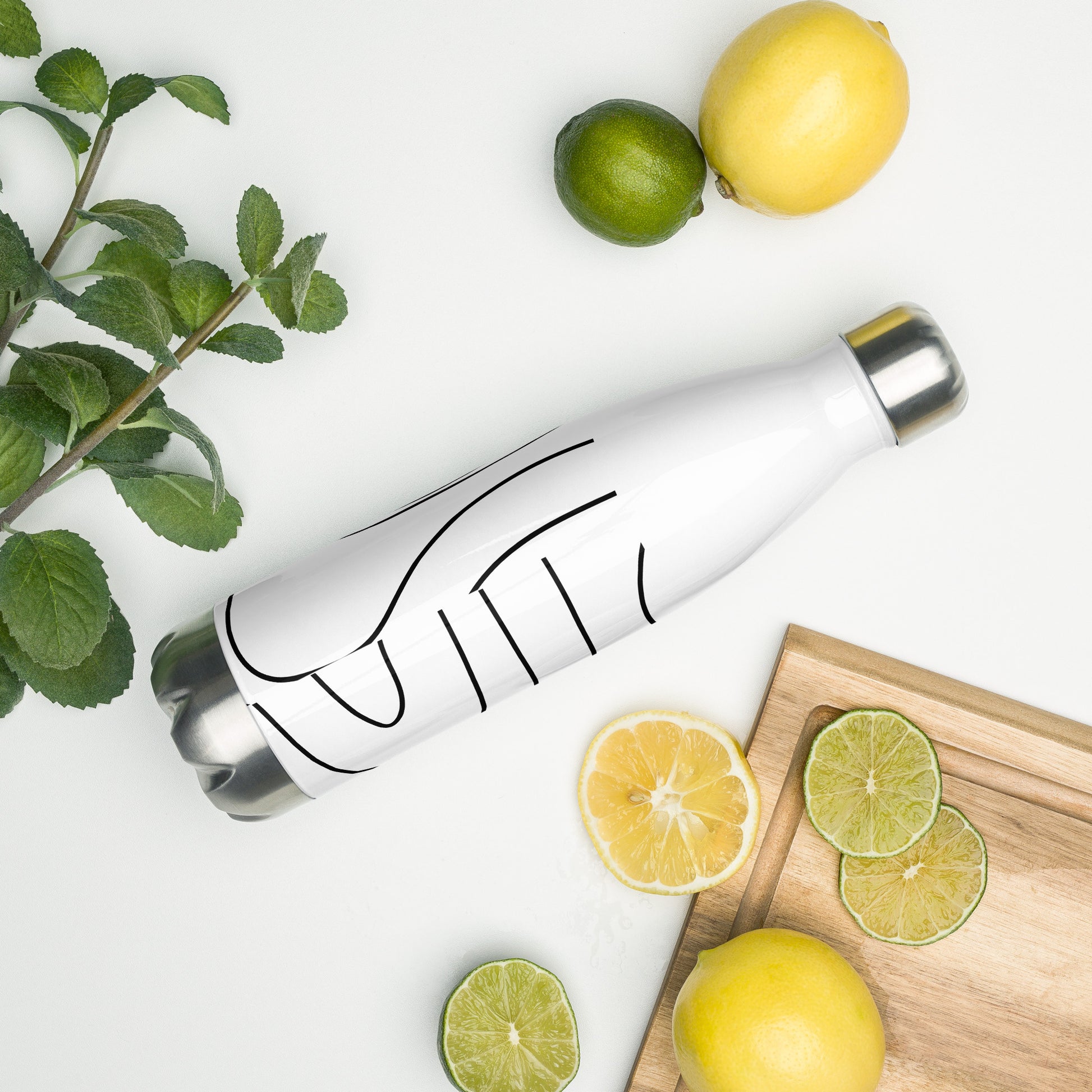 Stainless steel water bottle.